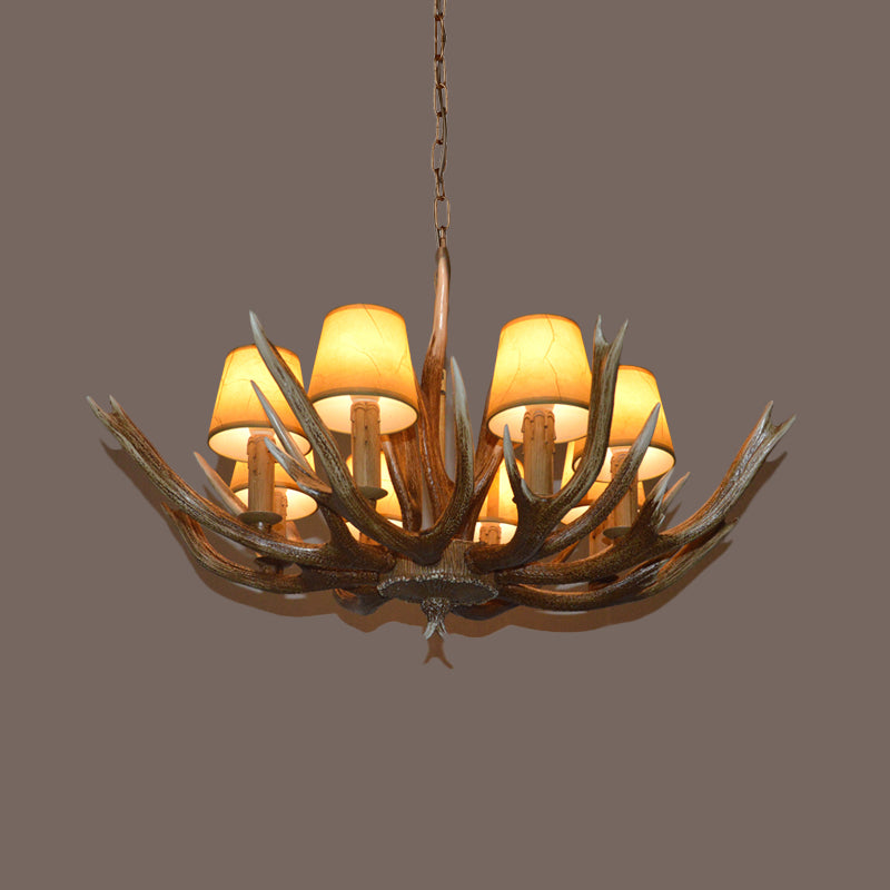 Resin Brown Ceiling Chandelier Branch 4/6/8 Bulbs Traditional Pendant Light Fixture with Beige Cone Fabric Shade