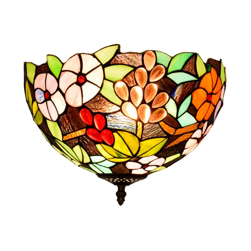 2/3 Lights Flower Ceiling Lighting Tiffany Brass Metal Flush Mount Light for Hallway, 12"/16" Wide