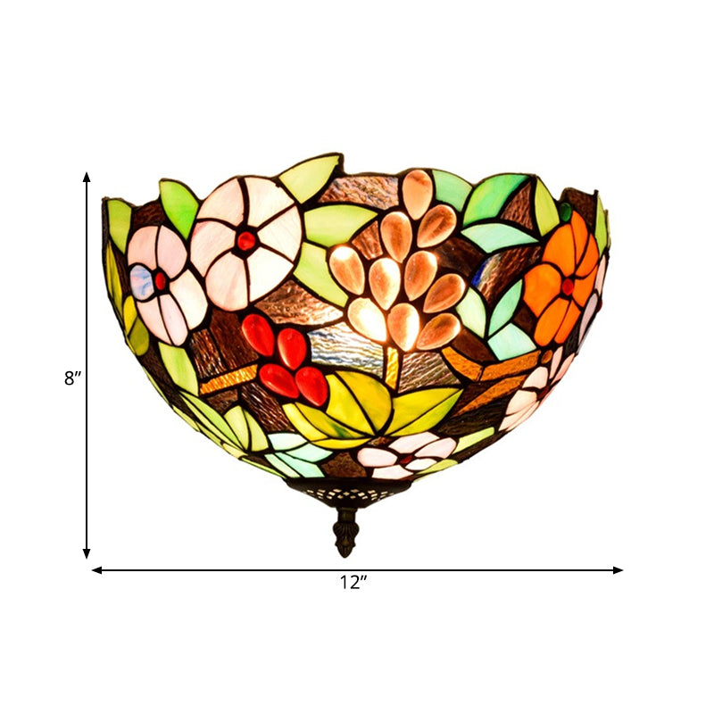 2/3 Lights Flower Ceiling Lighting Tiffany Brass Metal Flush Mount Light for Hallway, 12"/16" Wide
