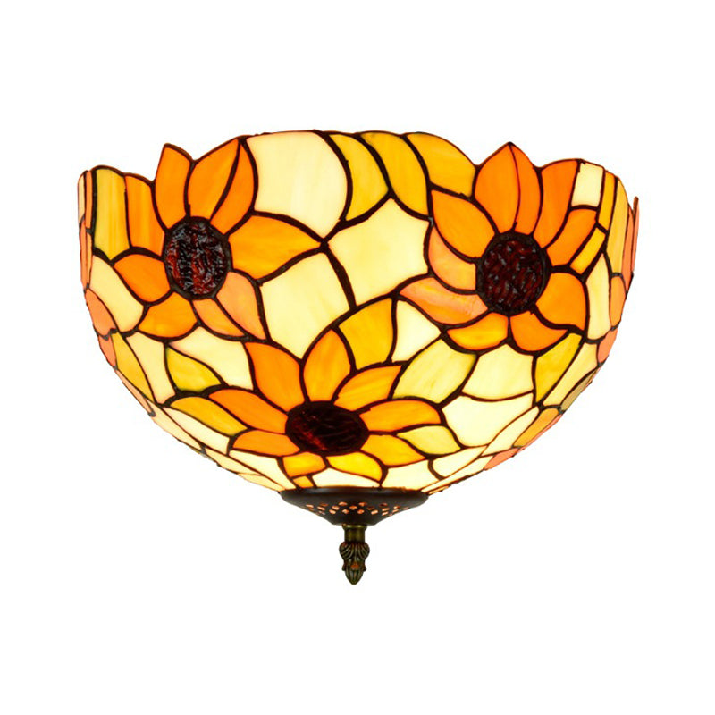Stained Glass Sunflower Ceiling Fixture Tiffany 2/3 Lights Yellow and Green Flushmount Ceiling Lamp, 12"/16" W