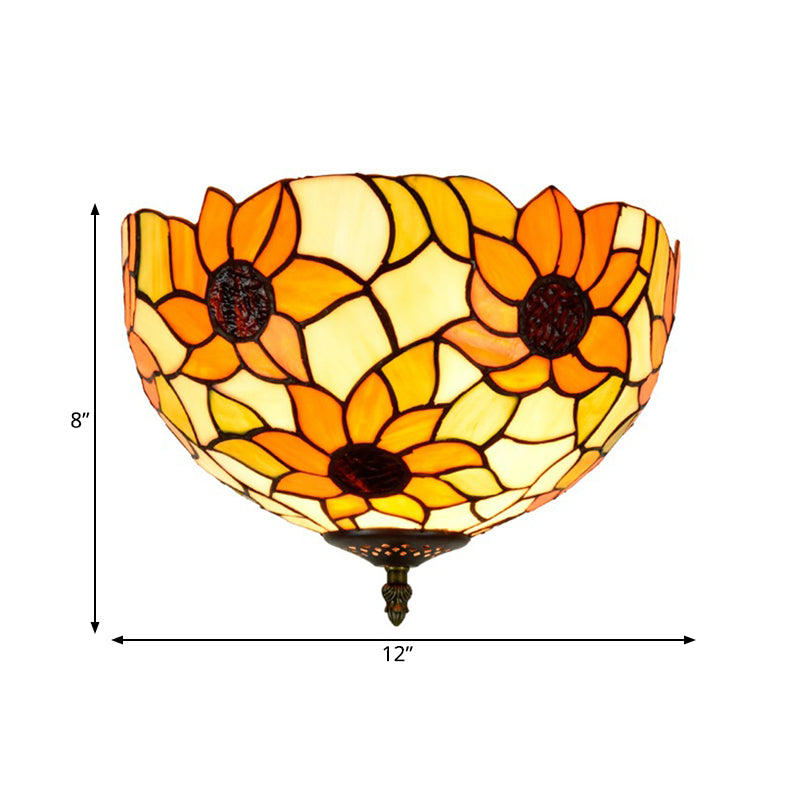 Stained Glass Sunflower Ceiling Fixture Tiffany 2/3 Lights Yellow and Green Flushmount Ceiling Lamp, 12"/16" W
