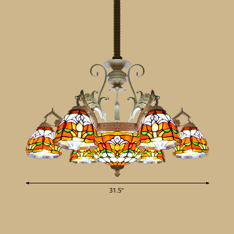 Dome Chandelier 9/11 Lights Stained Glass Mediterranean Hanging Pendant Light in Distressed White