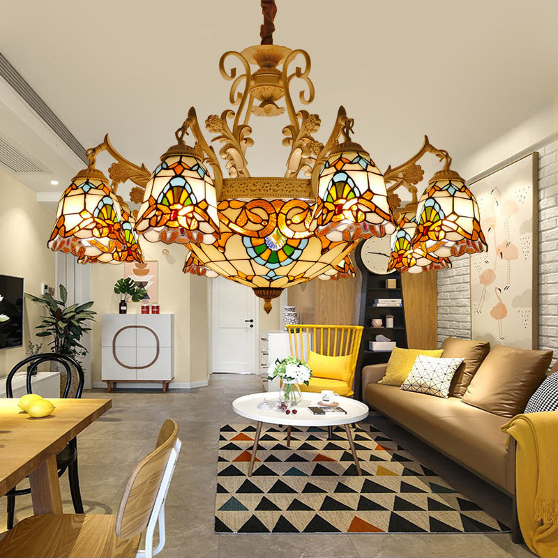 Flower Chandelier Light Tiffany Stained Glass 9/11 Lights White and Gold Suspension Lighting