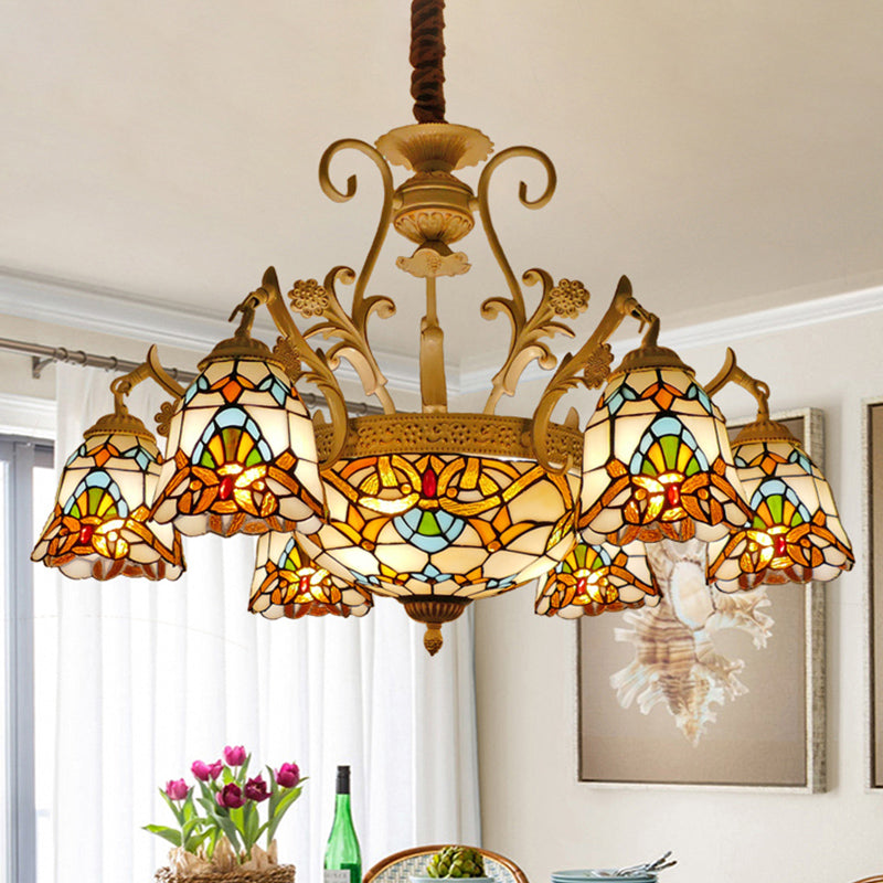 Flower Chandelier Light Tiffany Stained Glass 9/11 Lights White and Gold Suspension Lighting