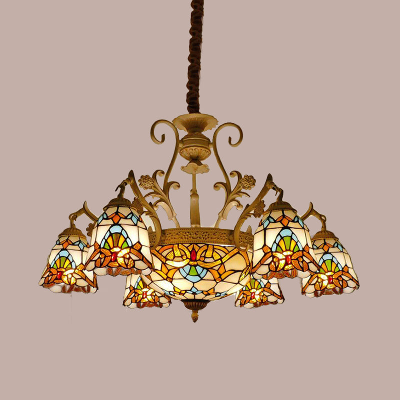 Flower Chandelier Light Tiffany Stained Glass 9/11 Lights White and Gold Suspension Lighting