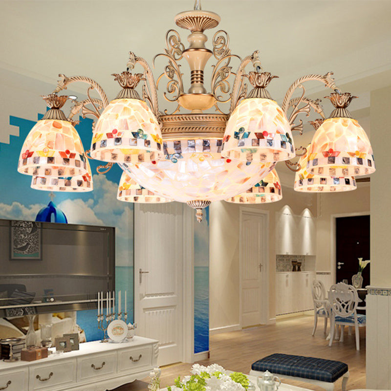 Stained Glass Mosaic Chandelier Lighting Fixture Tiffany 9/11 Lights White and Gold Hanging Lamp Kit