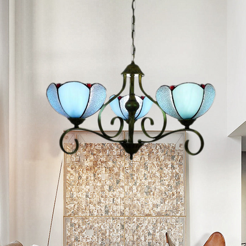 Yellow/Blue Scalloped Chandelier Lamp Tiffany 3/6/8 Lights Stained Glass Hanging Light Fixture