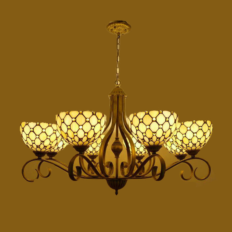 Beige 3/6/8 Lights Pendant Chandelier Mediterranean Stained Glass Jeweled Suspension Lamp, 25.5"/34"/37.5" W