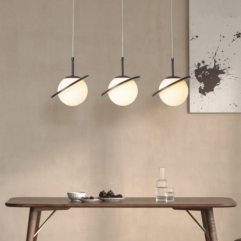 Modern Style Ceiling Light with Moon Design Glass Shape, Wood Accents Cluster Lighting