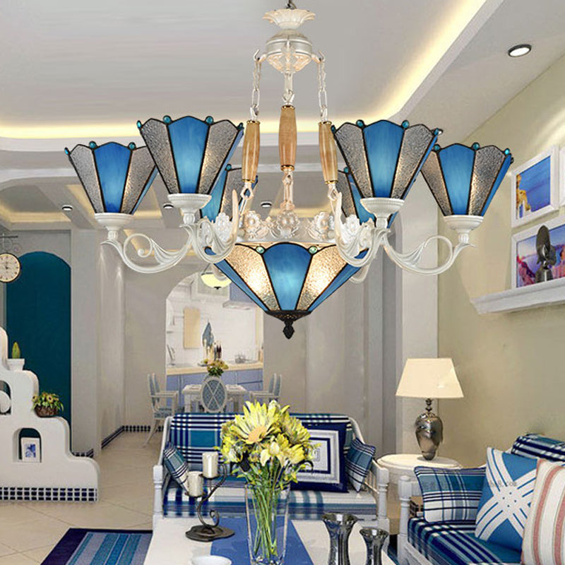 Conical Blue Frosted Glass Chandelier Lamp Baroque 3/9/11 Lights Cream Hanging Pendant Light for Living Room
