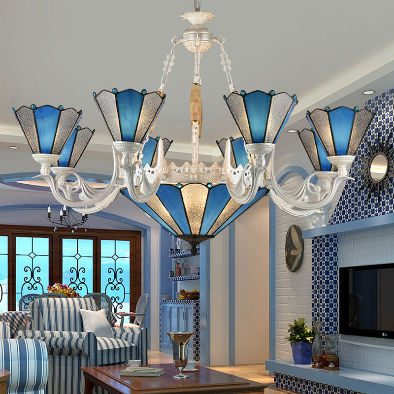 Conical Blue Frosted Glass Chandelier Lamp Baroque 3/9/11 Lights Cream Hanging Pendant Light for Living Room
