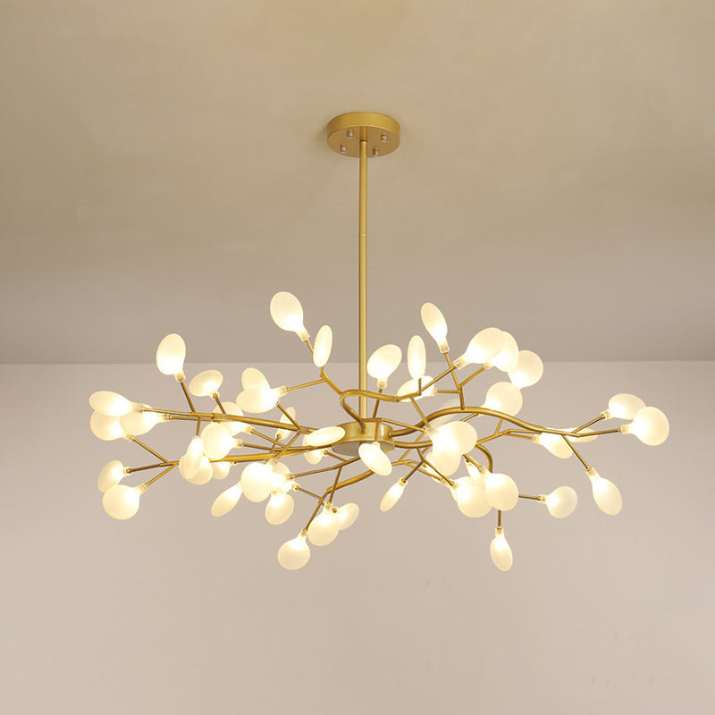 54-Light Unique Golden Linear Branch Firefly Chandelier for Dining Room, Adjustable Height