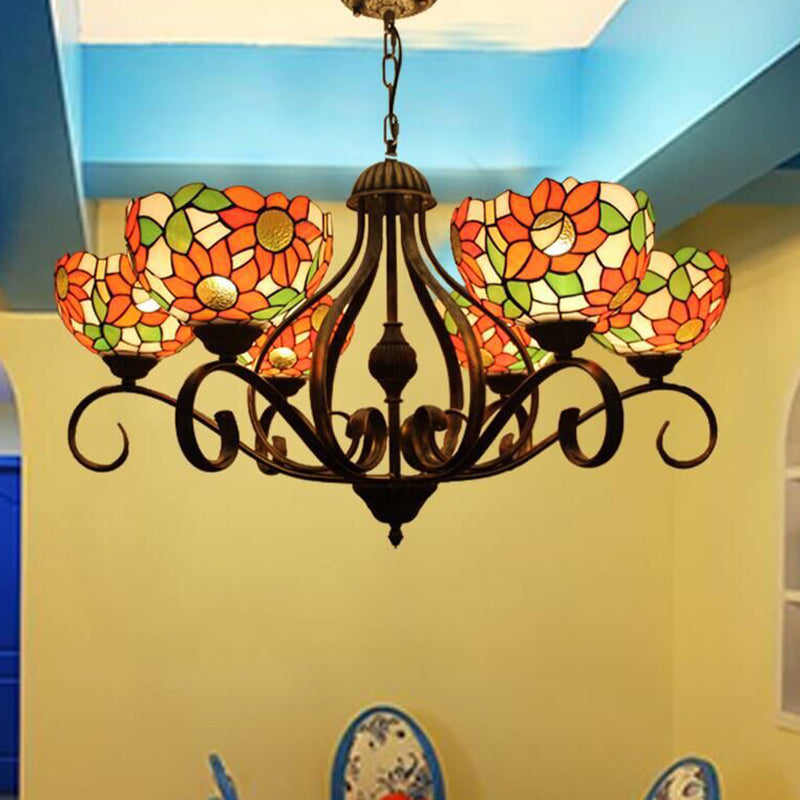 Stained Glass Antique Brass Chandelier Light Fixture Sunflower 3/6/8 Lights Tiffany Style Drop Pendant, 25.5"/34"/37.5" W