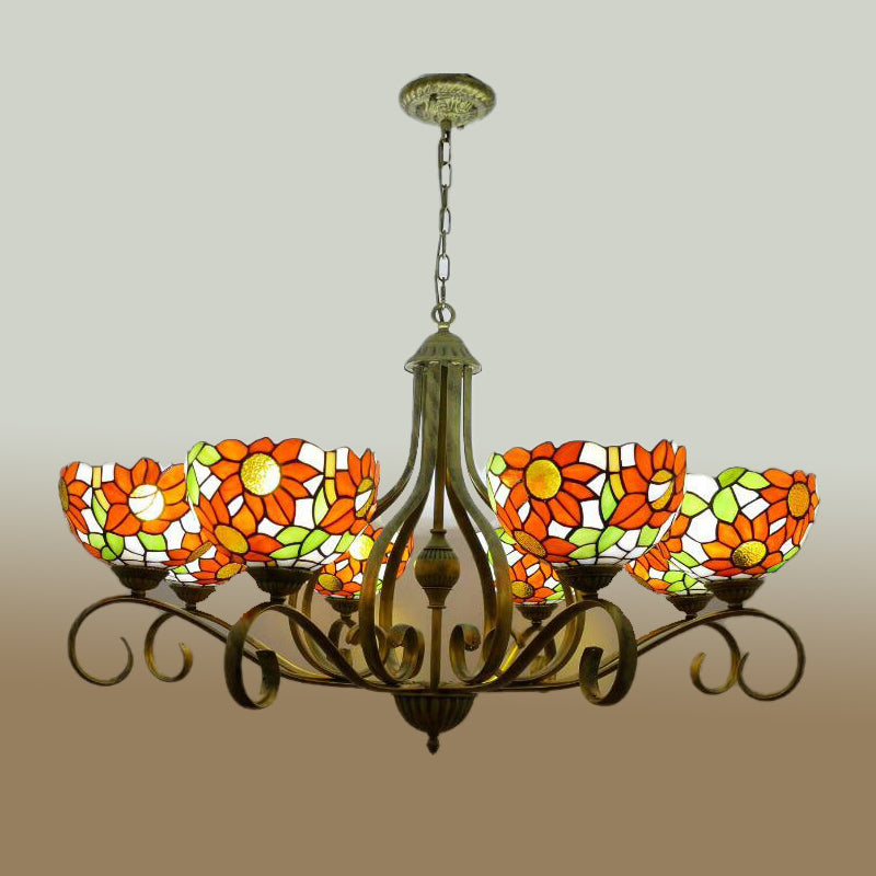 Stained Glass Antique Brass Chandelier Light Fixture Sunflower 3/6/8 Lights Tiffany Style Drop Pendant, 25.5"/34"/37.5" W