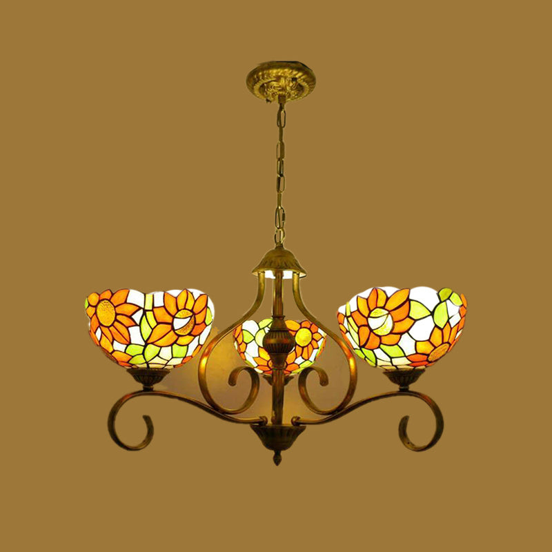 Stained Glass Antique Brass Chandelier Light Fixture Sunflower 3/6/8 Lights Tiffany Style Drop Pendant, 25.5"/34"/37.5" W