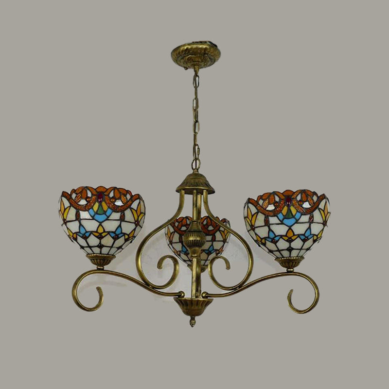 Domed Shaped Hanging Chandelier 3/6/8 Lights Stained Glass Tiffany Pendant Lighting Fixture in Antique Brass