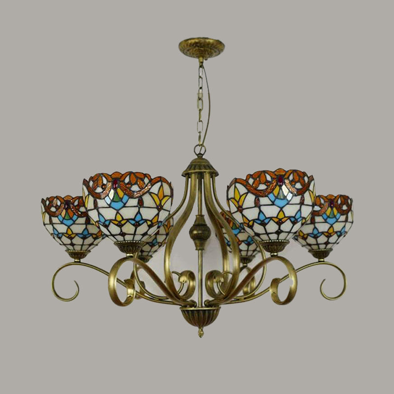 Domed Shaped Hanging Chandelier 3/6/8 Lights Stained Glass Tiffany Pendant Lighting Fixture in Antique Brass