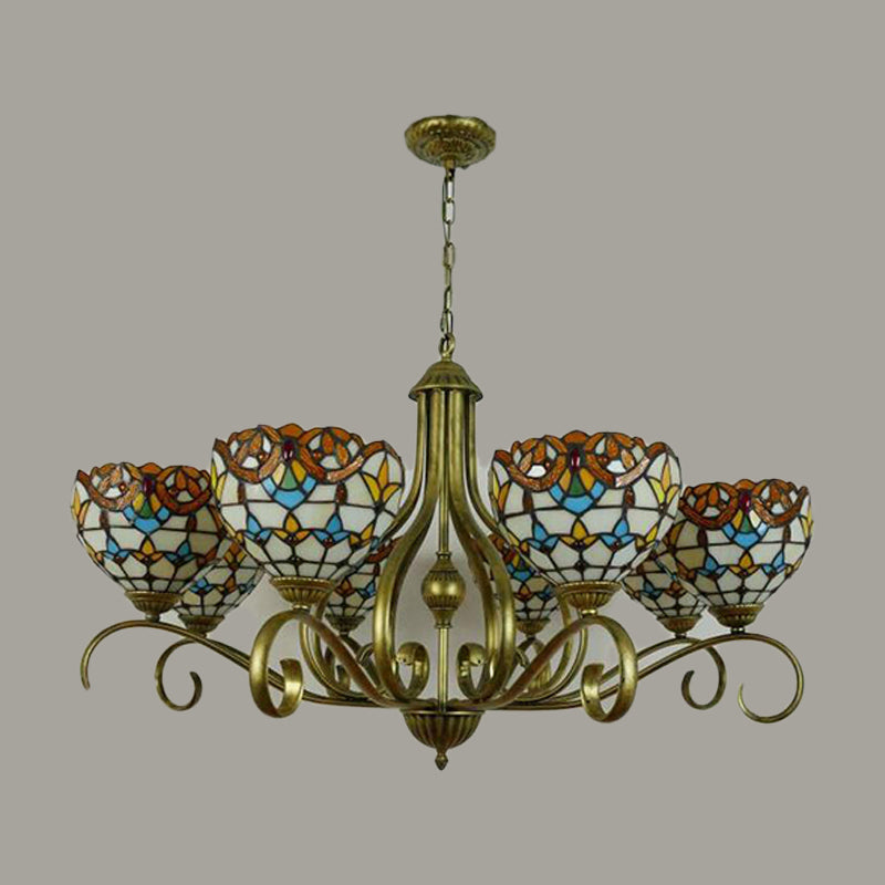 Domed Shaped Hanging Chandelier 3/6/8 Lights Stained Glass Tiffany Pendant Lighting Fixture in Antique Brass