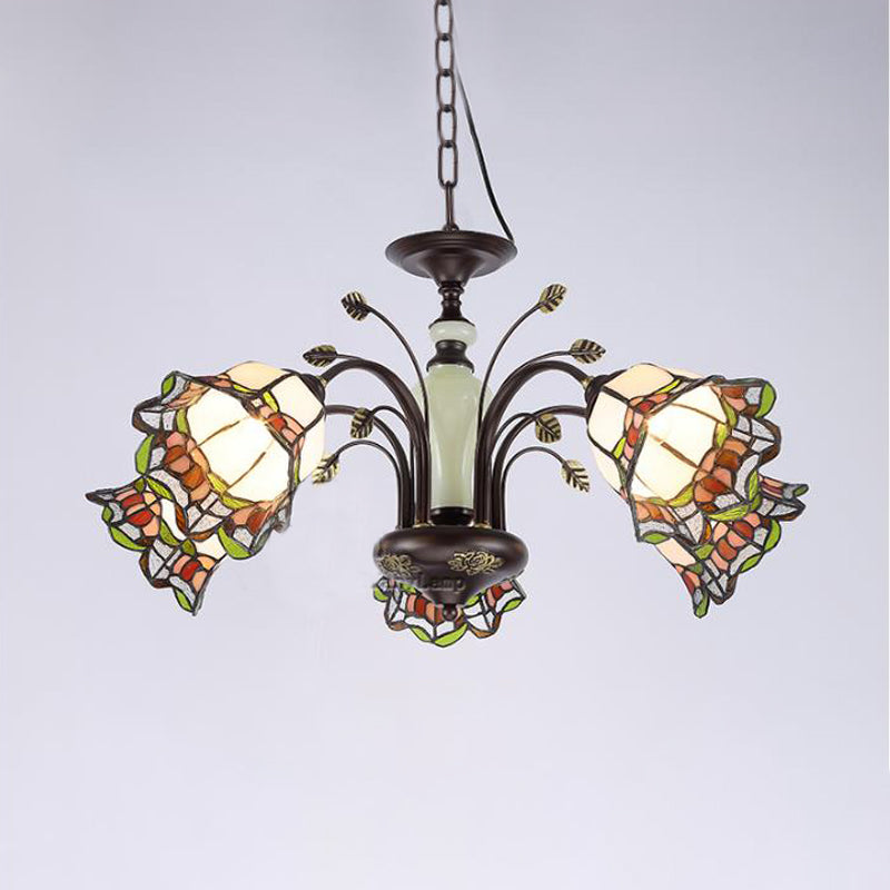 Stained Art Glass Bronze Pendant Chandelier Floral 3/6/8 Lights Tiffany Style Hanging Light Fixture for Bedroom