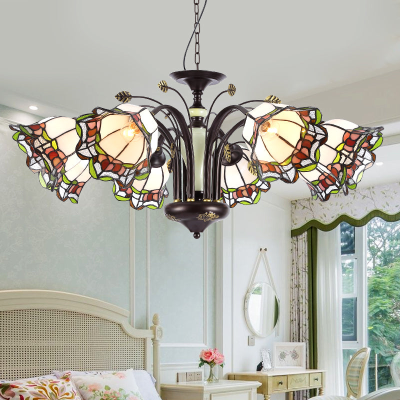 Stained Art Glass Bronze Pendant Chandelier Floral 3/6/8 Lights Tiffany Style Hanging Light Fixture for Bedroom