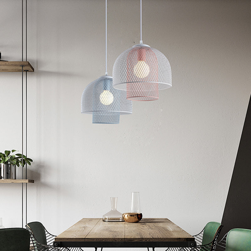 Lámpara colgante de malla de alambre contemporánea 1 claro blanco y rosa/blanco y azul Luz colgante