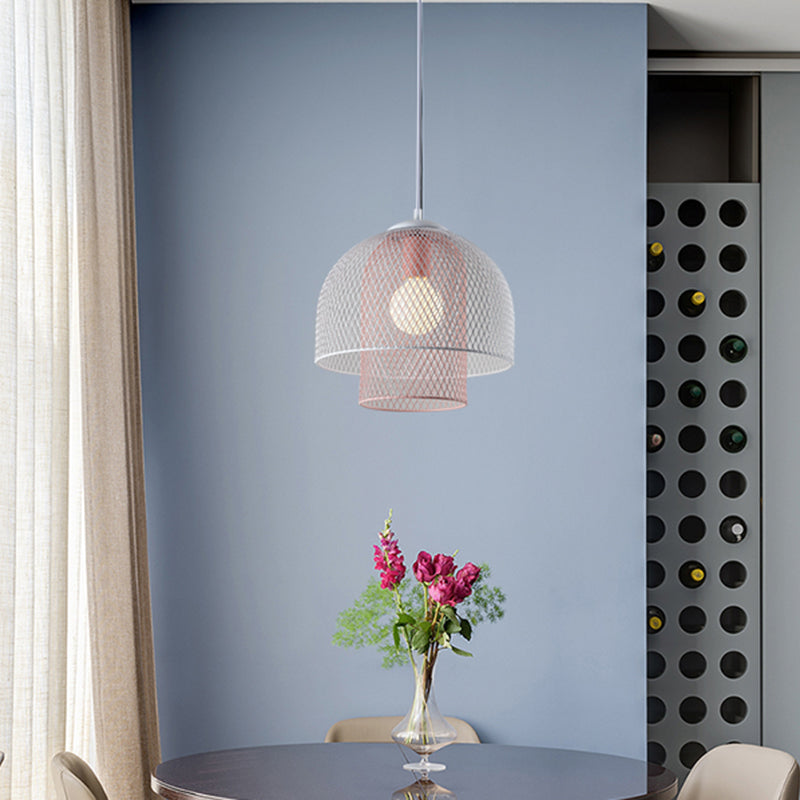 Lámpara colgante de malla de alambre contemporánea 1 claro blanco y rosa/blanco y azul Luz colgante