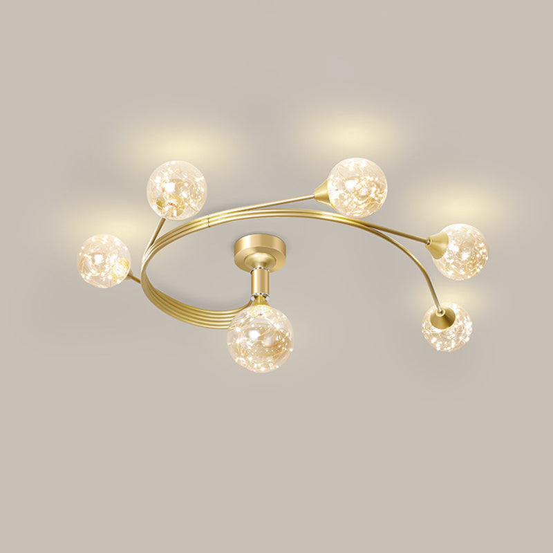 Curva de metal Semi Flush Monte Minimalista LED de led estrellado Luz de techo con sombra de vidrio de bola