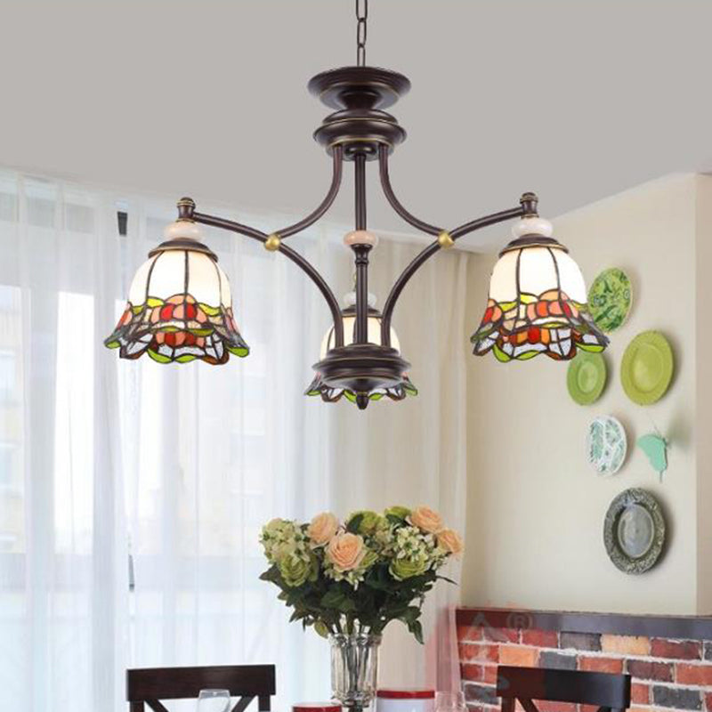 Tiffany Flower Chandelier Lamp 3/6/8 Lights Stained Glass Suspension Lighting in Black for Living Room