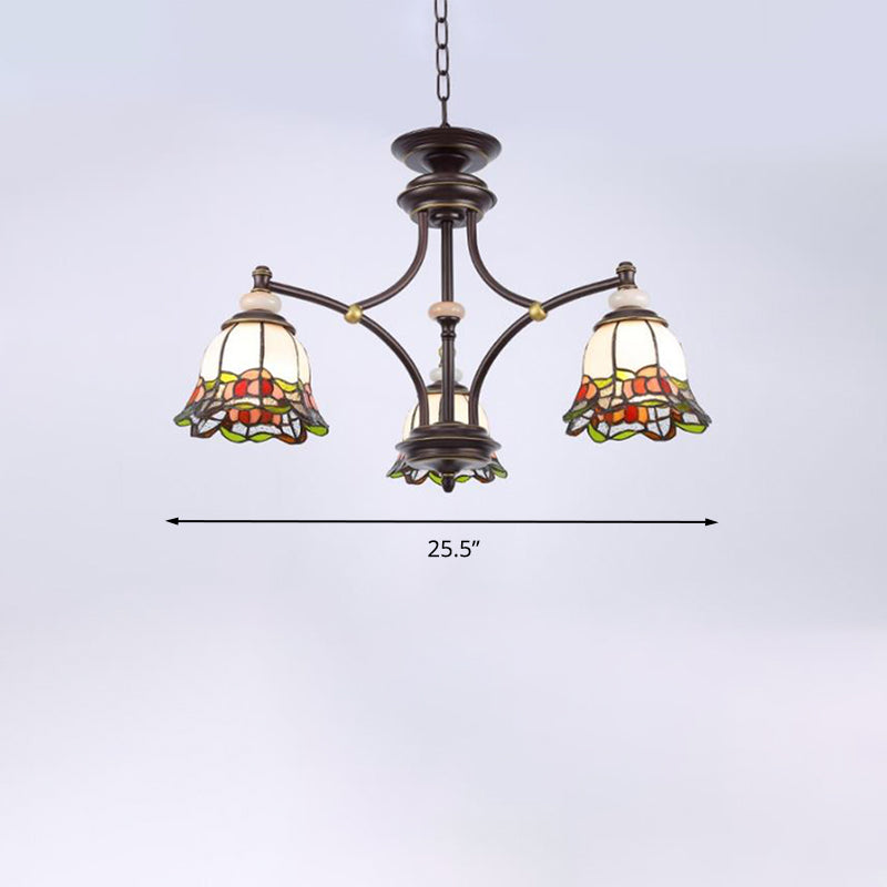 Tiffany Flower Chandelier Lamp 3/6/8 Lights Stained Glass Suspension Lighting in Black for Living Room