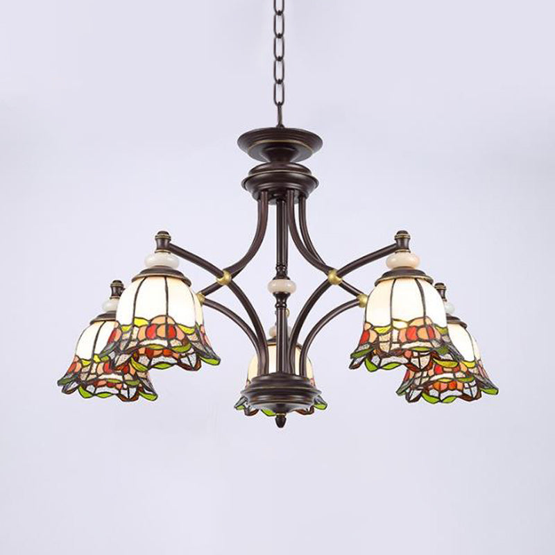 Tiffany Flower Chandelier Lamp 3/6/8 Lights Stained Glass Suspension Lighting in Black for Living Room