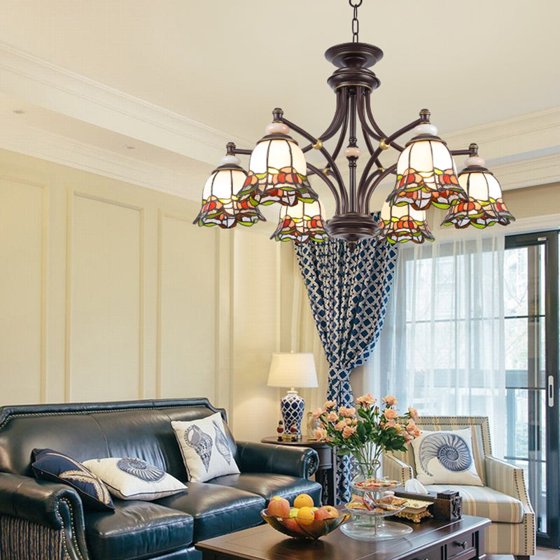 Tiffany Flower Chandelier Lamp 3/6/8 Lights Stained Glass Suspension Lighting in Black for Living Room