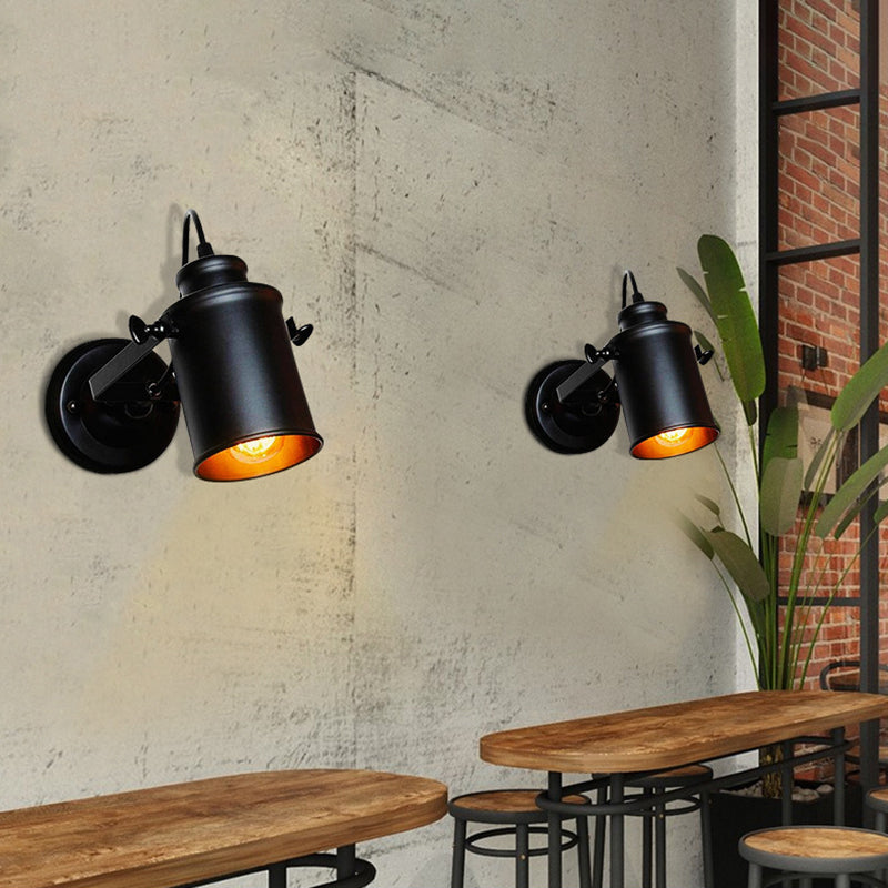 Winkel einstellbarer industrieller Wandlampe 1-Licht Metallzylindrischer Schatten Vintage Leuchten in Schwarz in Schwarz