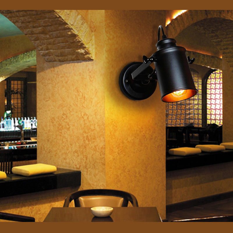 Winkel einstellbarer industrieller Wandlampe 1-Licht Metallzylindrischer Schatten Vintage Leuchten in Schwarz in Schwarz