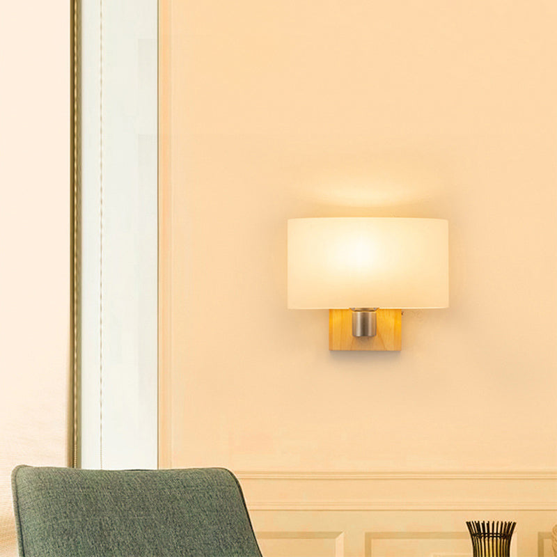 Rectangular Glass Shade Bedroom Wall Lamp Nordic Simplicity Single Bulb Sconce Light with Solid Wooden Base