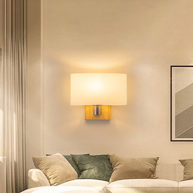 Rectangular Glass Shade Bedroom Wall Lamp Nordic Simplicity Single Bulb Sconce Light with Solid Wooden Base