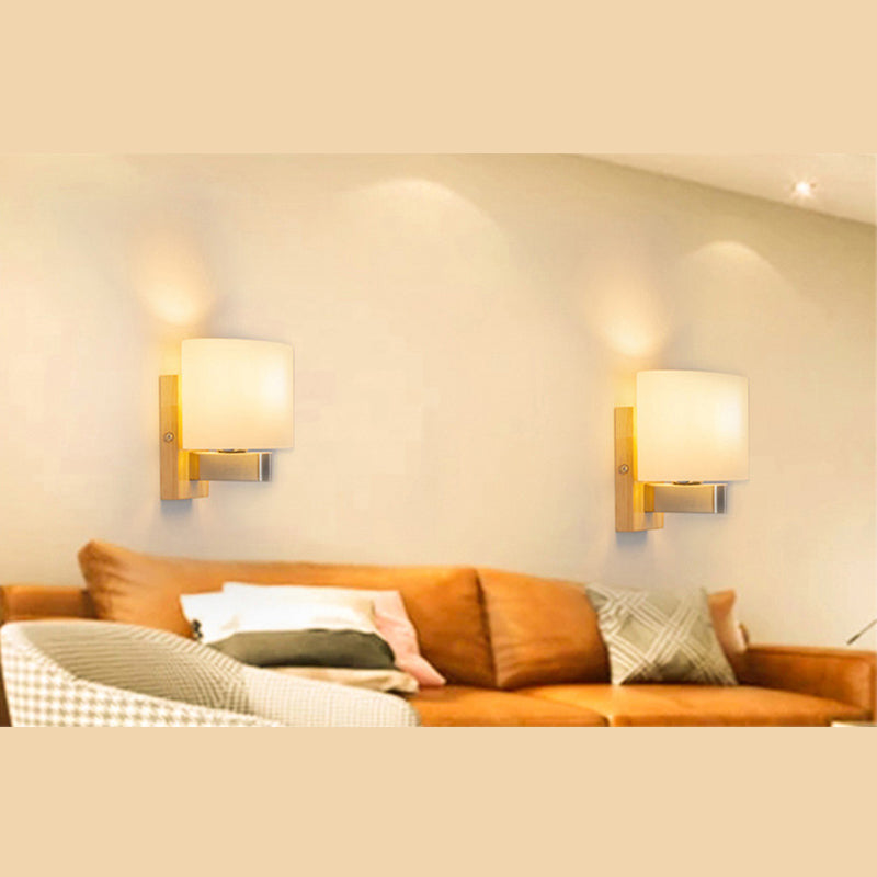 Rectangular Glass Shade Bedroom Wall Lamp Nordic Simplicity Single Bulb Sconce Light with Solid Wooden Base