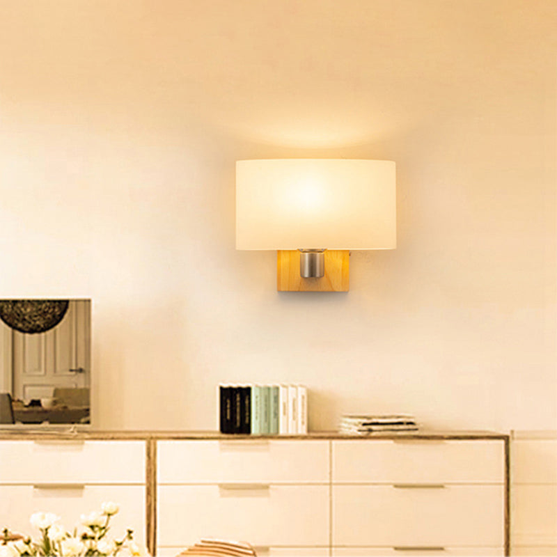 Rectangular Glass Shade Bedroom Wall Lamp Nordic Simplicity Single Bulb Sconce Light with Solid Wooden Base