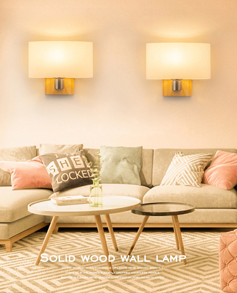 Rectangular Glass Shade Bedroom Wall Lamp Nordic Simplicity Single Bulb Sconce Light with Solid Wooden Base