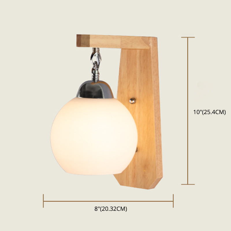 Luz de pared de globo de vidrio de leche con lámpara de pared contemporánea de bombilla de madera en blanco para dormitorio