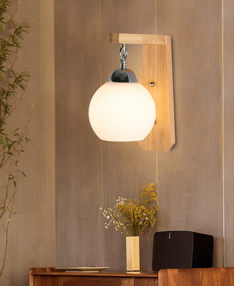 Luz de pared de globo de vidrio de leche con lámpara de pared contemporánea de bombilla de madera en blanco para dormitorio