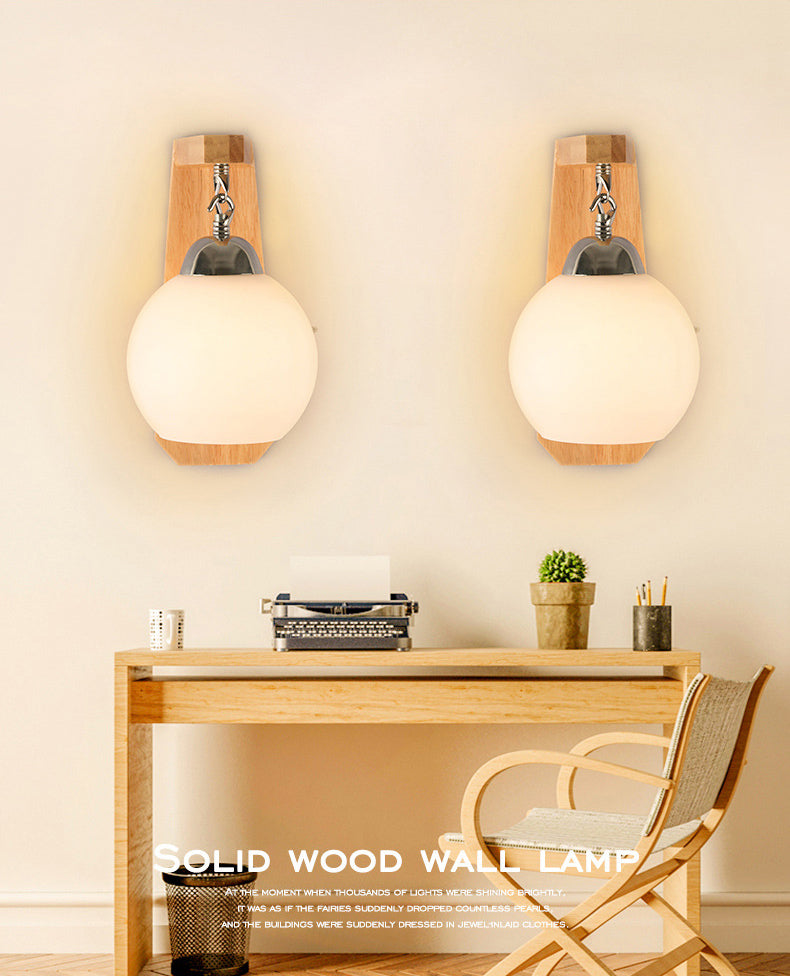 Luz de pared de globo de vidrio de leche con lámpara de pared contemporánea de bombilla de madera en blanco para dormitorio