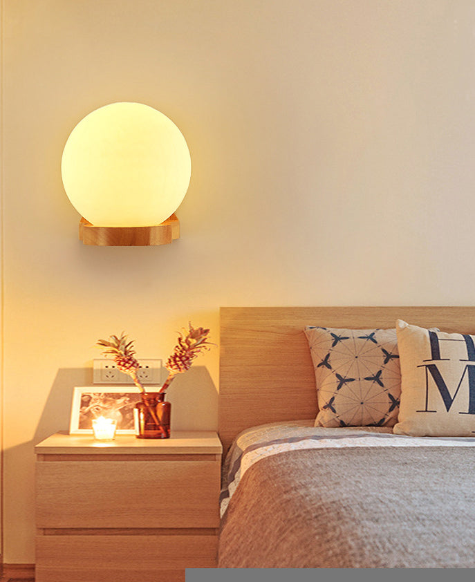 5.5" H Single Bulb Simplicity Wall Mount Light Nordic Style Glass Globe Sconce Light with Solid Wood Base