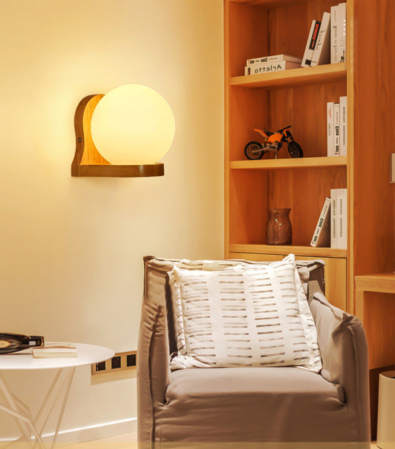 5.5" H Single Bulb Simplicity Wall Mount Light Nordic Style Glass Globe Sconce Light with Solid Wood Base