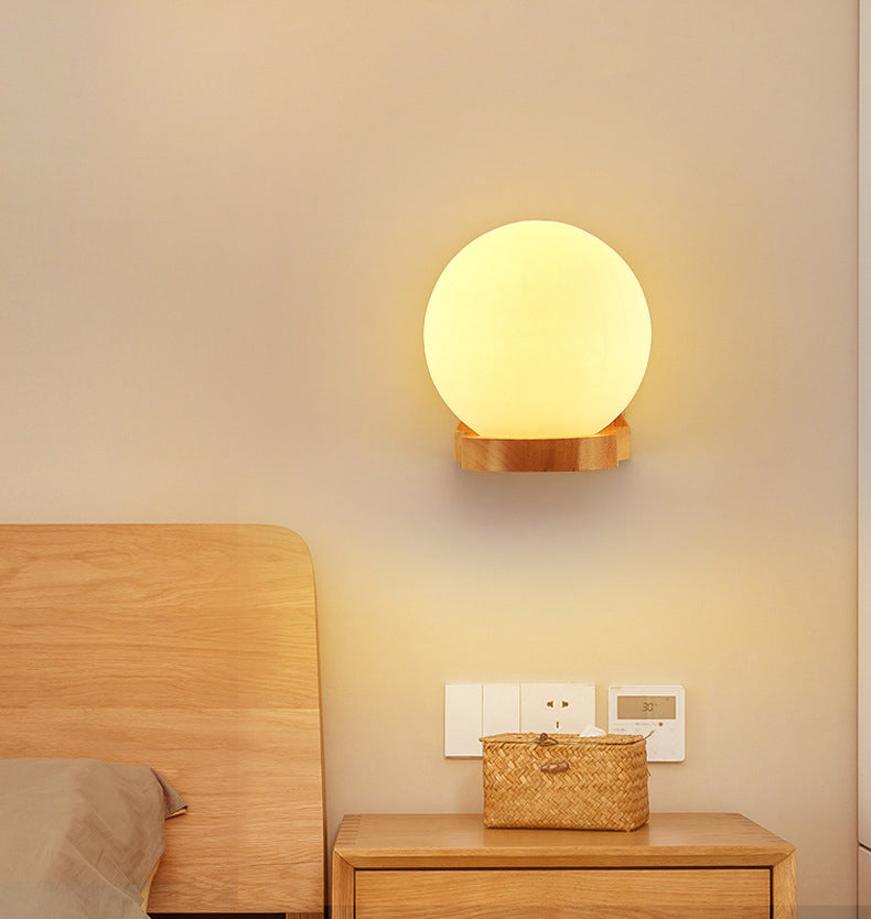 5.5" H Single Bulb Simplicity Wall Mount Light Nordic Style Glass Globe Sconce Light with Solid Wood Base