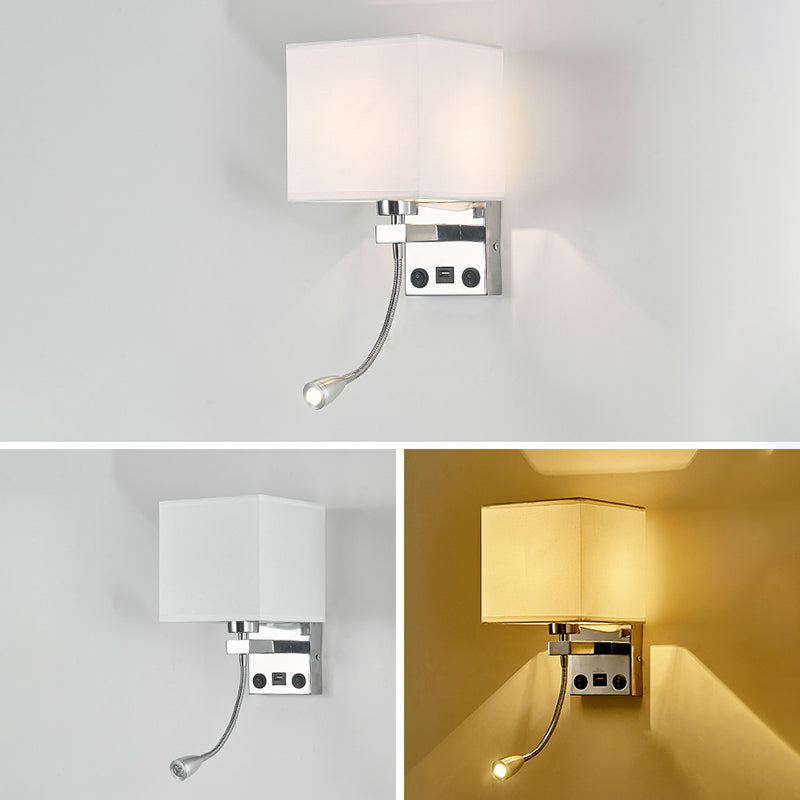 Square Fabric Shade Simplicity Wall Sconce Adjustable LED Spotlight Design Bedside Reading Lamp in Sliver
