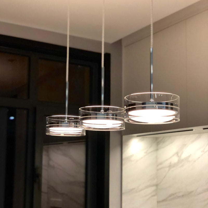 Silber runde Suspensionsbeleuchtung Einfachheit klares Glas -LED -Anhänger für Esszimmer