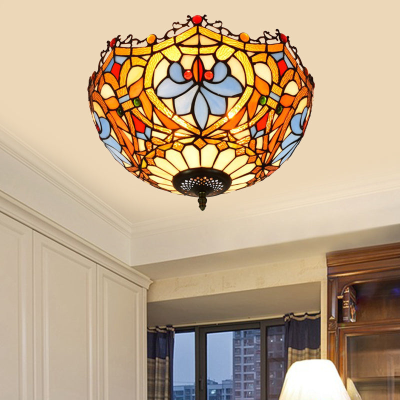 Hand Cut Glass Blue Ceiling Mount Scalloped 2/3 Lights Baroque Flush Mount Ceiling Light, 12"/16" Width