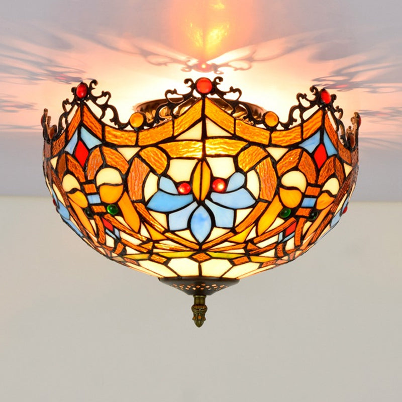 Hand Cut Glass Blue Ceiling Mount Scalloped 2/3 Lights Baroque Flush Mount Ceiling Light, 12"/16" Width