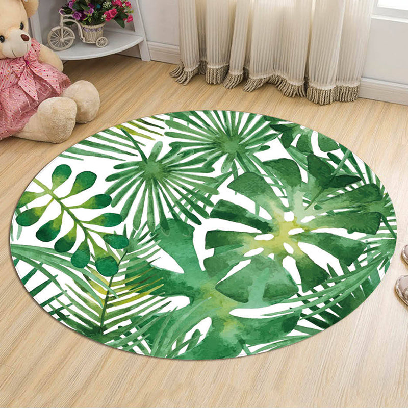 Green Leaves Pattern Rug Modern Fresh Round Carpet Flannel Non-Slip Backing Rug for Living Room