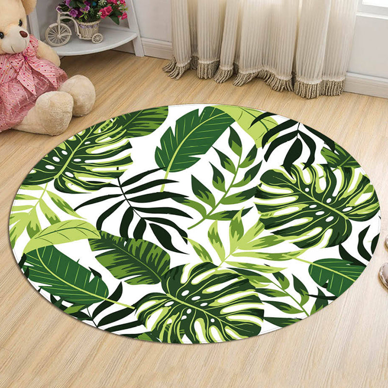 Green Leaves Pattern Rug Modern Fresh Round Carpet Flannel Non-Slip Backing Rug for Living Room